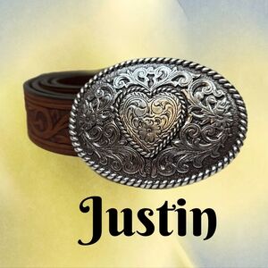 Justin's Women Full Grain Leather Belt With Silver Heart Buckle 34 In *READ**